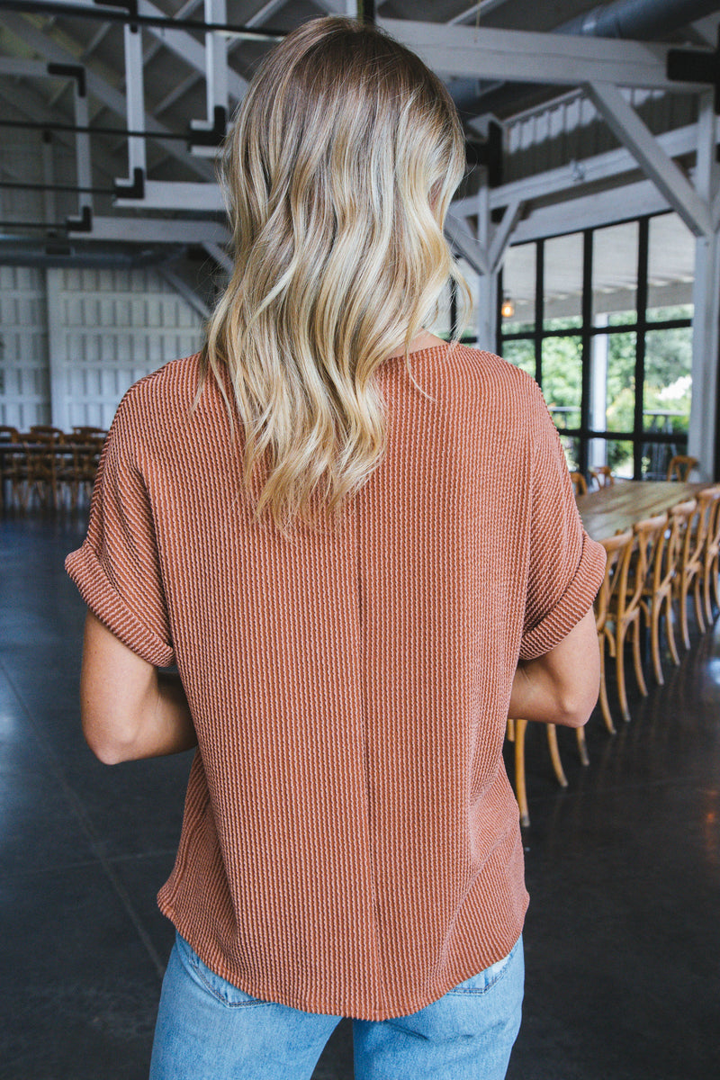 Jana Ribbed Short Sleeve Top, Terracotta