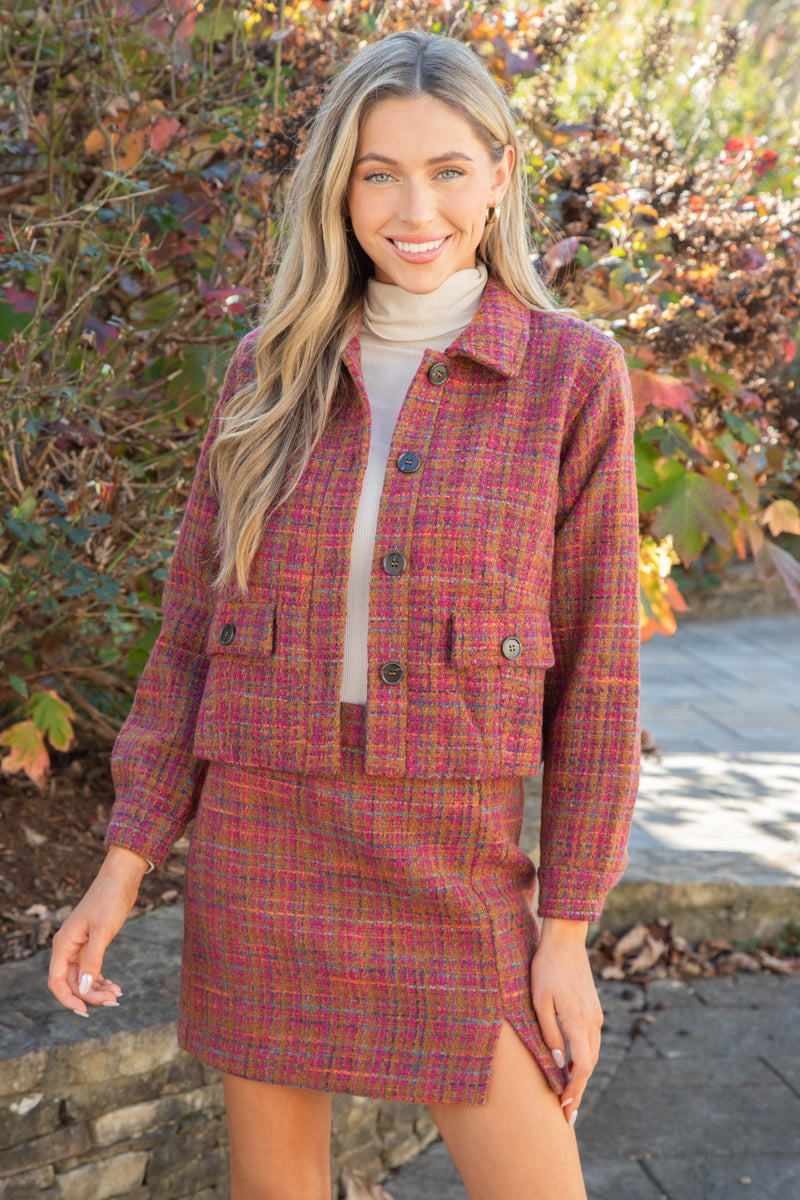 Kiah Tweed Button Down Jacket, Plum/Camel