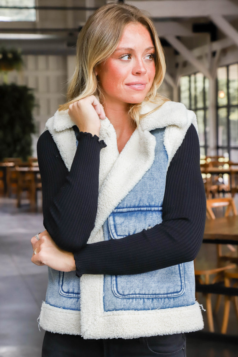 Anne Stone Washed Sherpa Vest, Denim