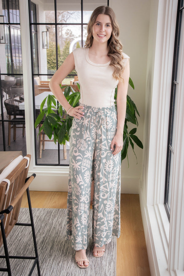 Aubrey Printed Wide Leg Pants, Sage