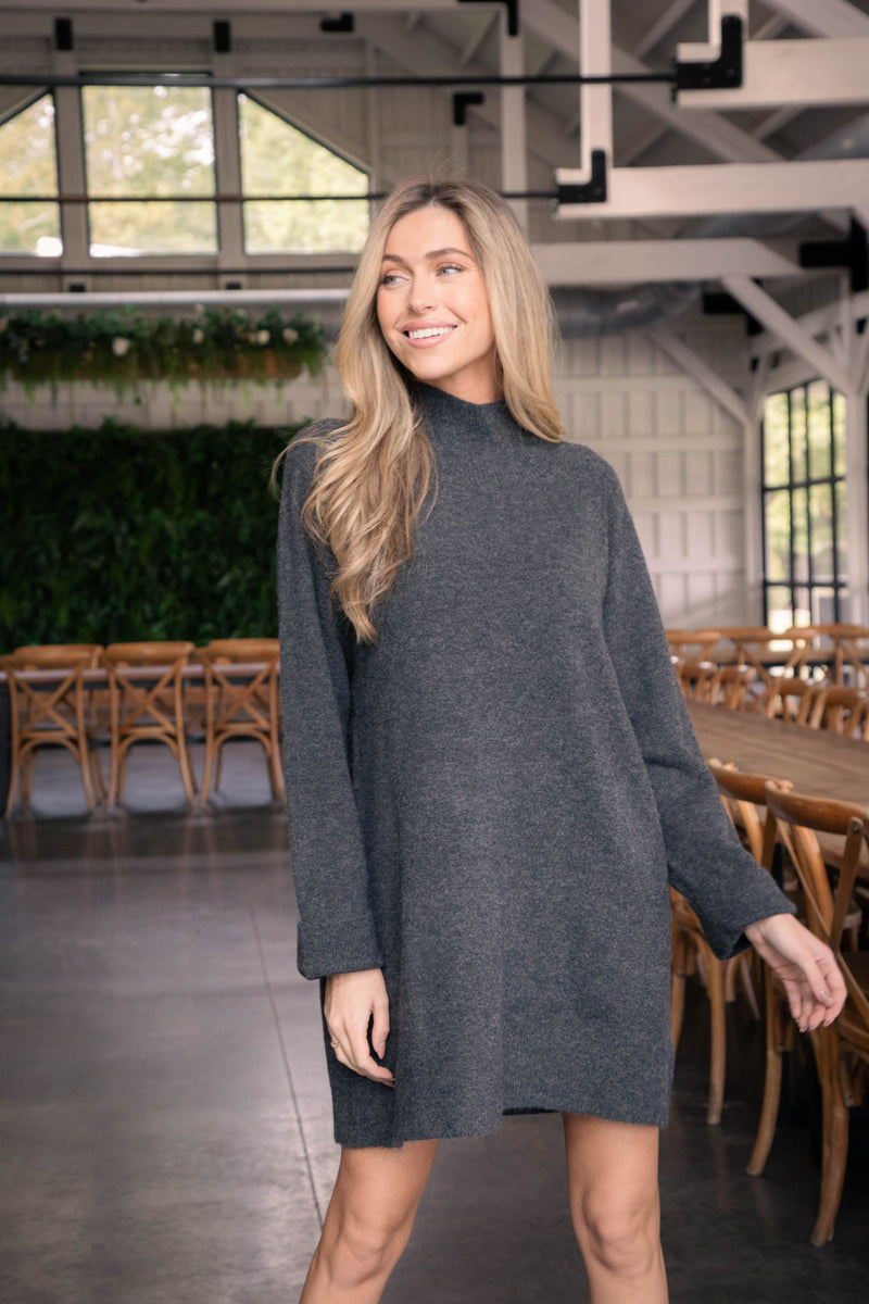 Carson High Neck Sweater Dress, Charcoal | Sadie & Sage