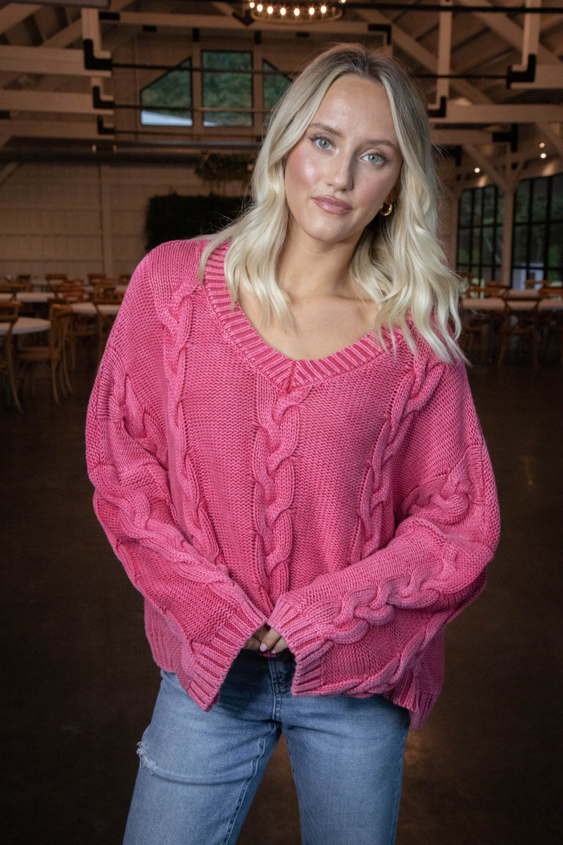 Ria Cable Knit V-Neck Sweater, Pink