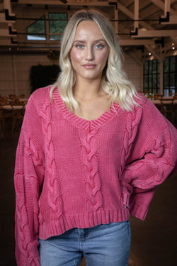 Ria Cable Knit V-Neck Sweater, Pink