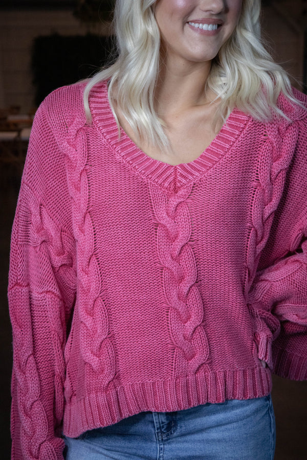 Ria Cable Knit V-Neck Sweater, Pink