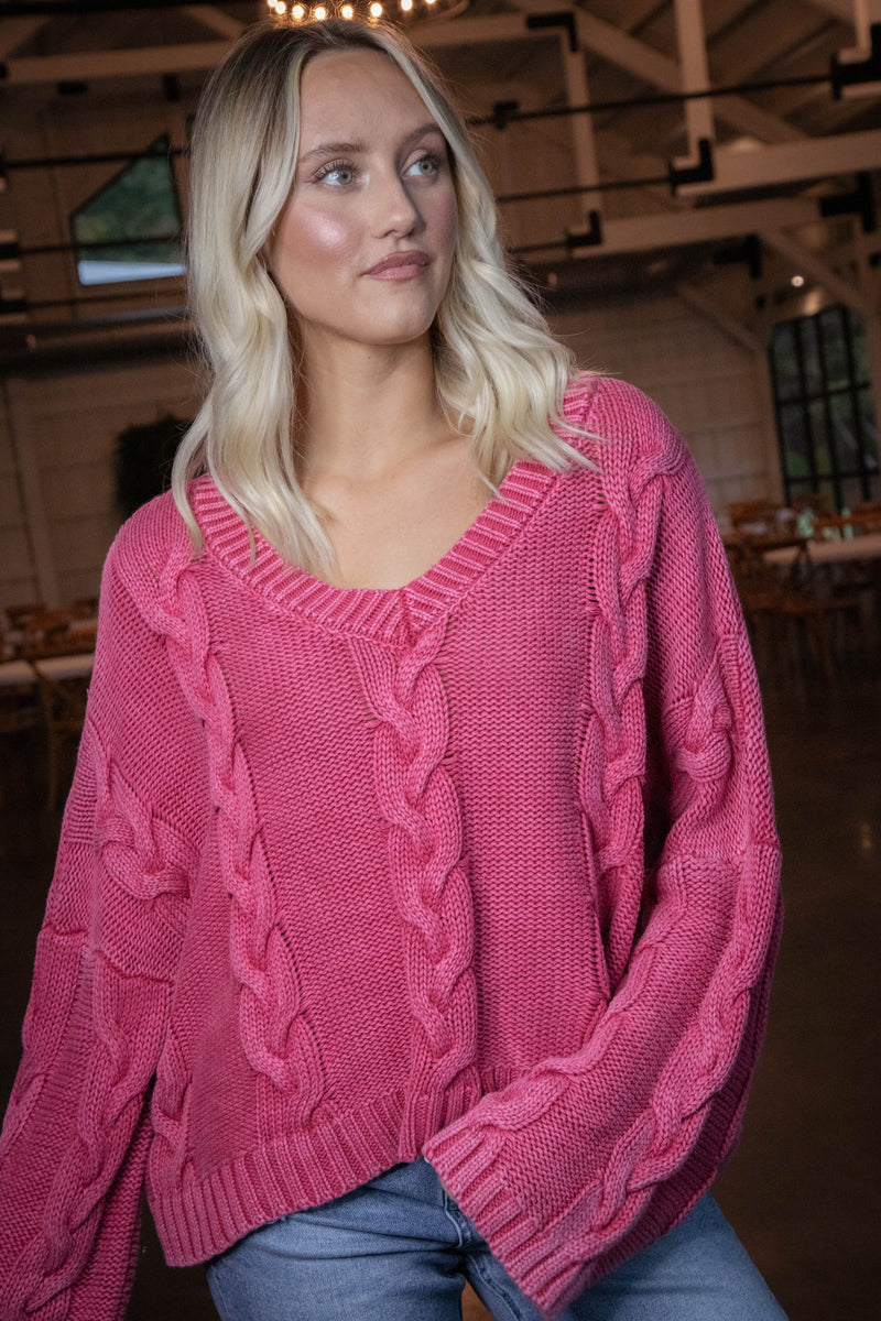 Ria Cable Knit V-Neck Sweater, Pink