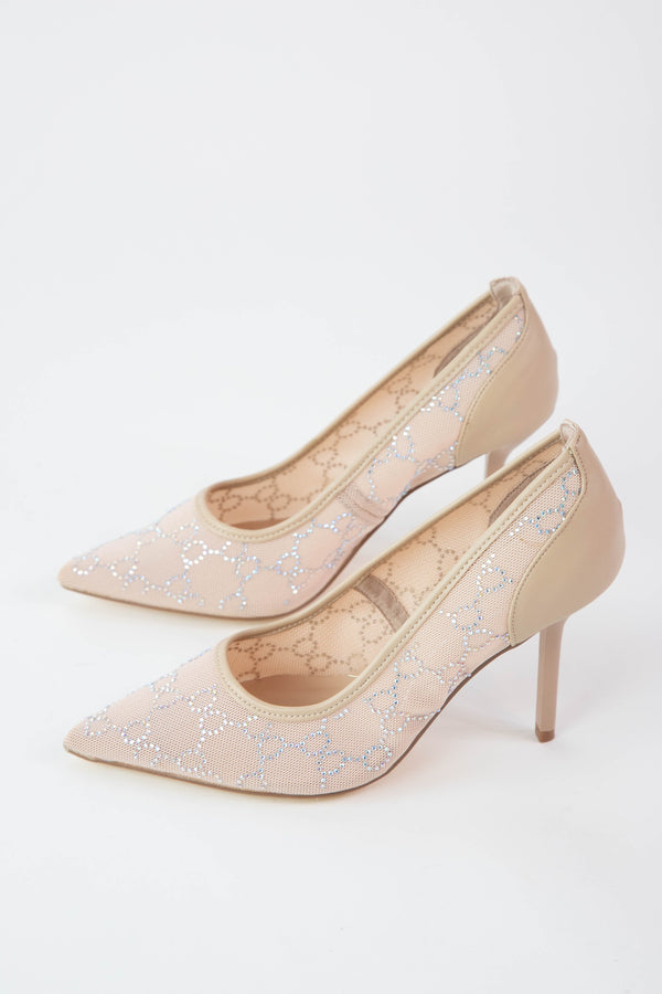 Flora Mesh Rhinestone Pump, Nude