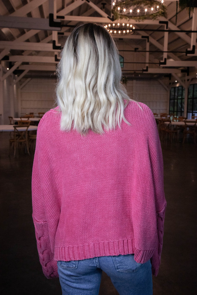 Ria Cable Knit V-Neck Sweater, Pink