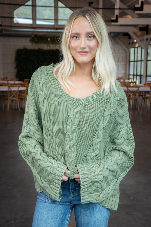 Ria Cable Knit V-Neck Sweater, Olive