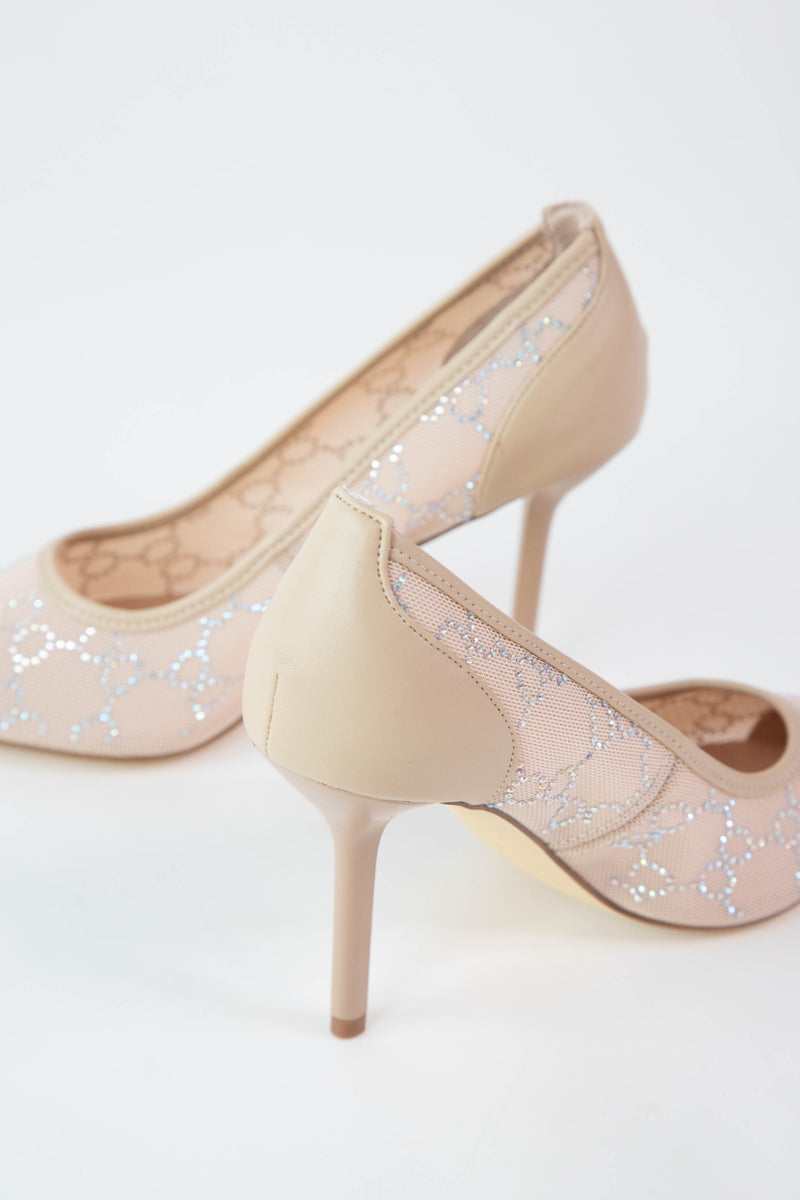 Flora Mesh Rhinestone Pump, Nude