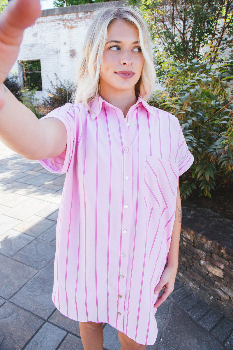 Mallory Striped Button Down Shirt Dress, Pink