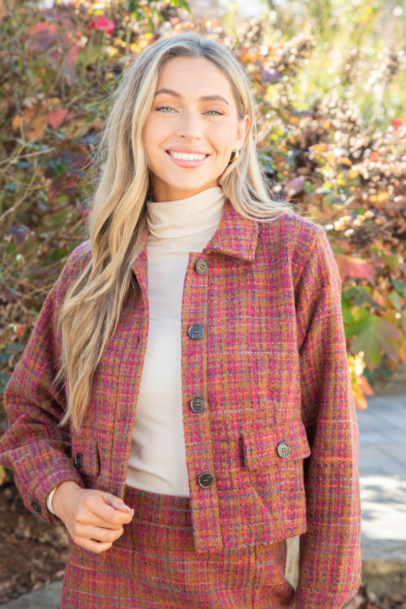 Kiah Tweed Button Down Jacket, Plum/Camel