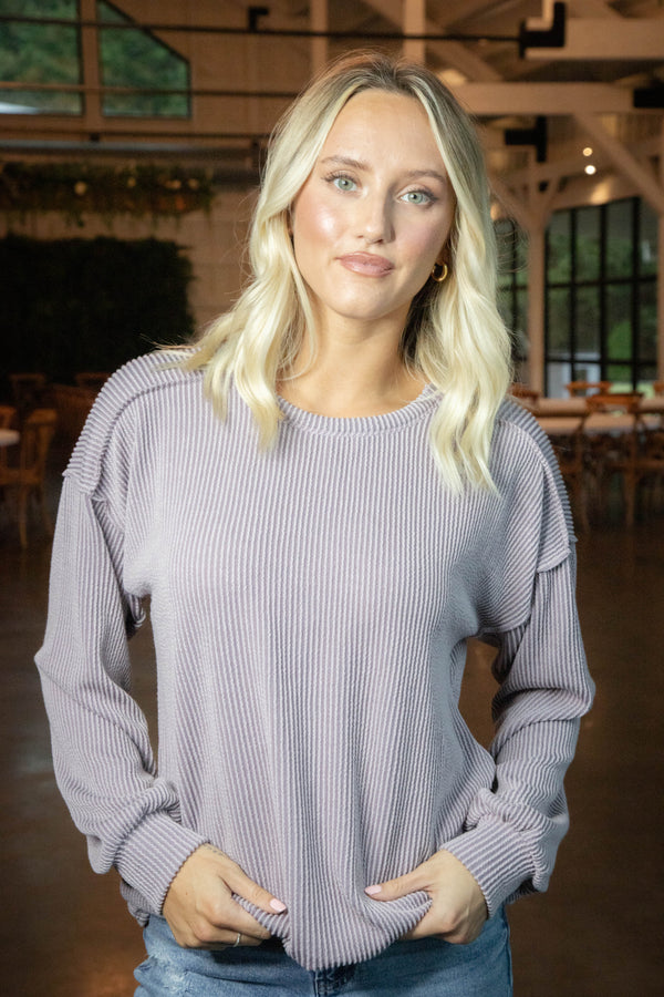 Katerina Rib Knit Seam Detail Top, Dusty Lavender