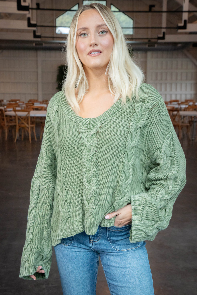 Ria Cable Knit V-Neck Sweater, Olive