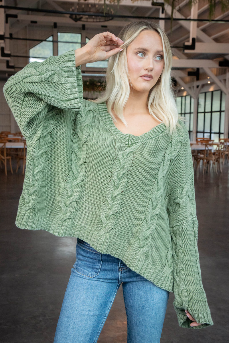 Ria Cable Knit V-Neck Sweater, Olive