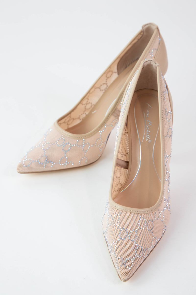 Flora Mesh Rhinestone Pump, Nude