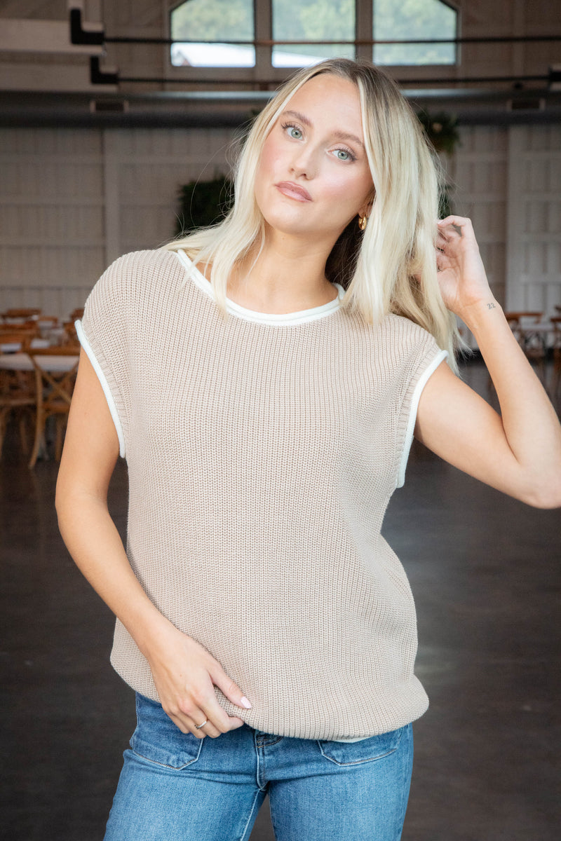 Kacey Rolled Edge Sweater Vest, Natural