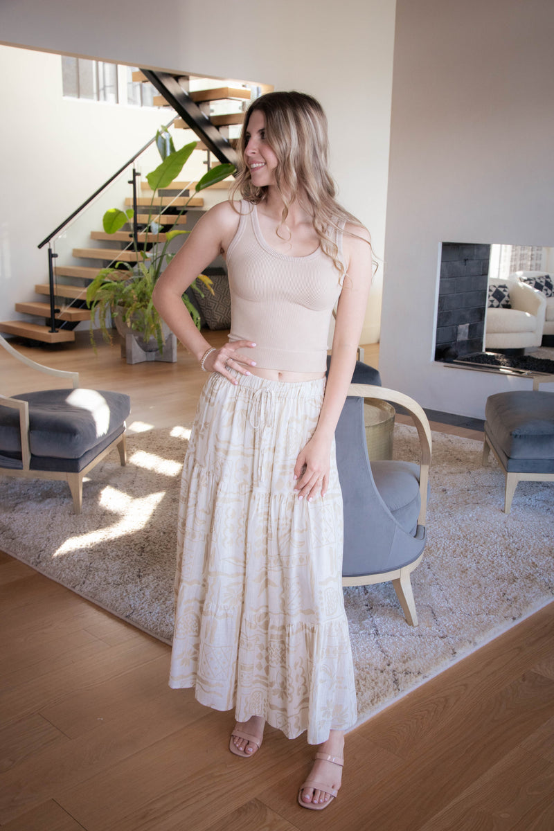 Titania Boho Print Midi Skirt, Ivory