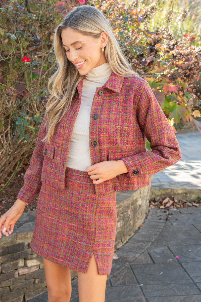 Kiah Tweed Button Down Jacket, Plum/Camel