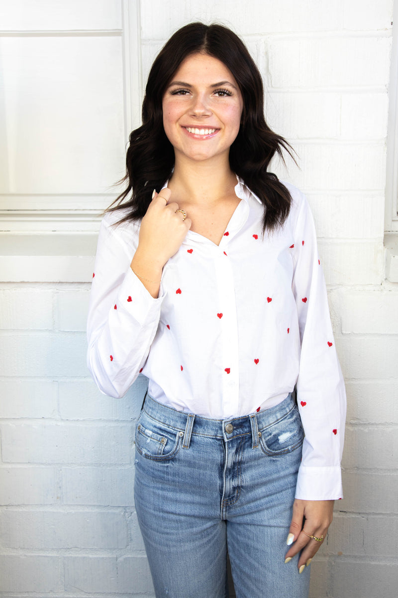 Sloane Heart Embroidered Shirt, White/Red