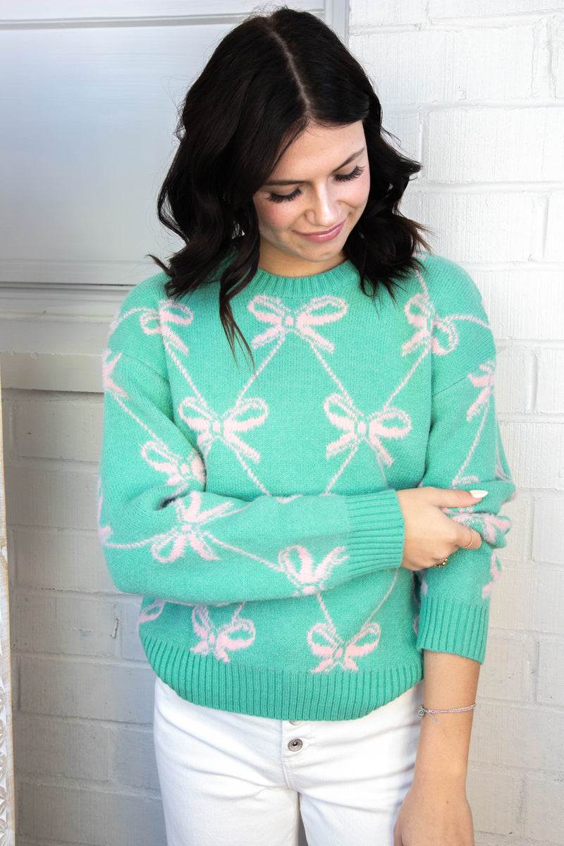 Enola Ribbon Pattern Sweater, Sage Pink