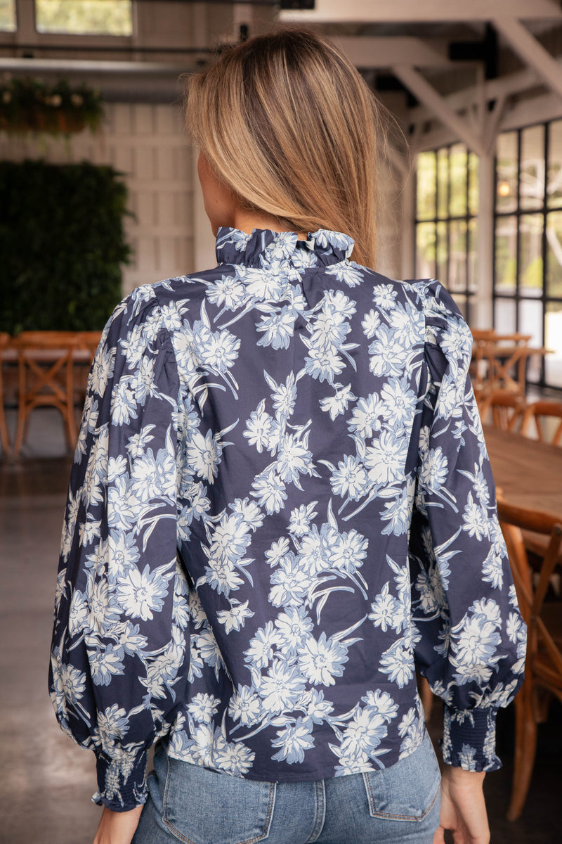 Lorraine Floral Poplin Top, Navy