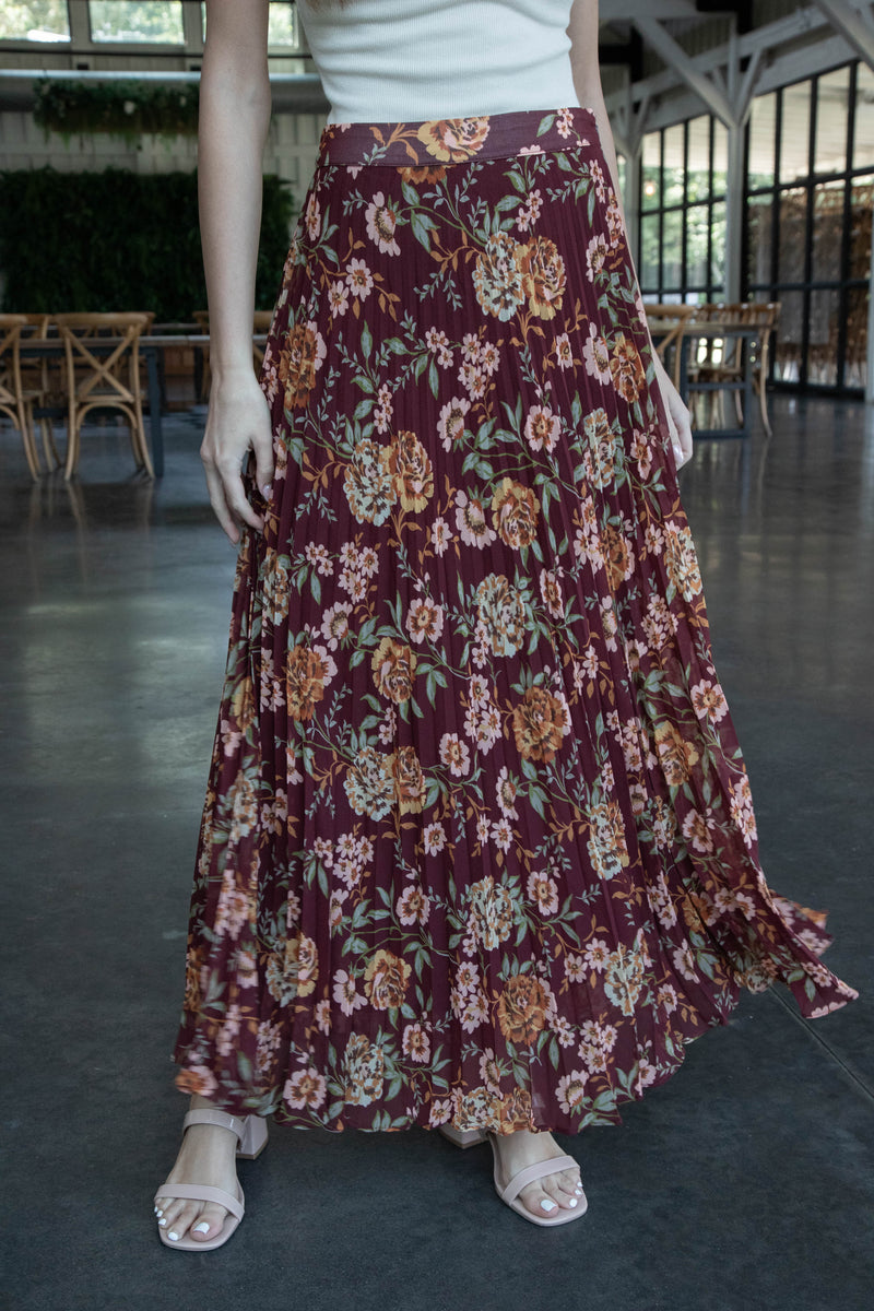 Ariya Floral Pleated Midi Skirt, Marsala Peach