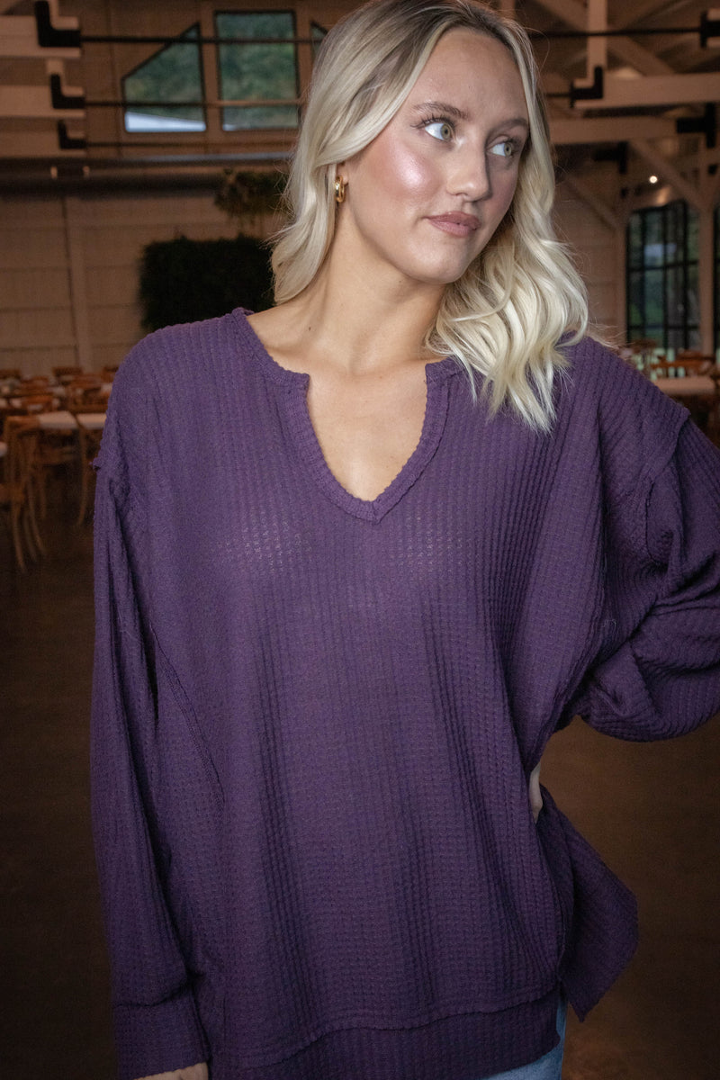 Lynn Brushed Waffle Top, Dark Plum