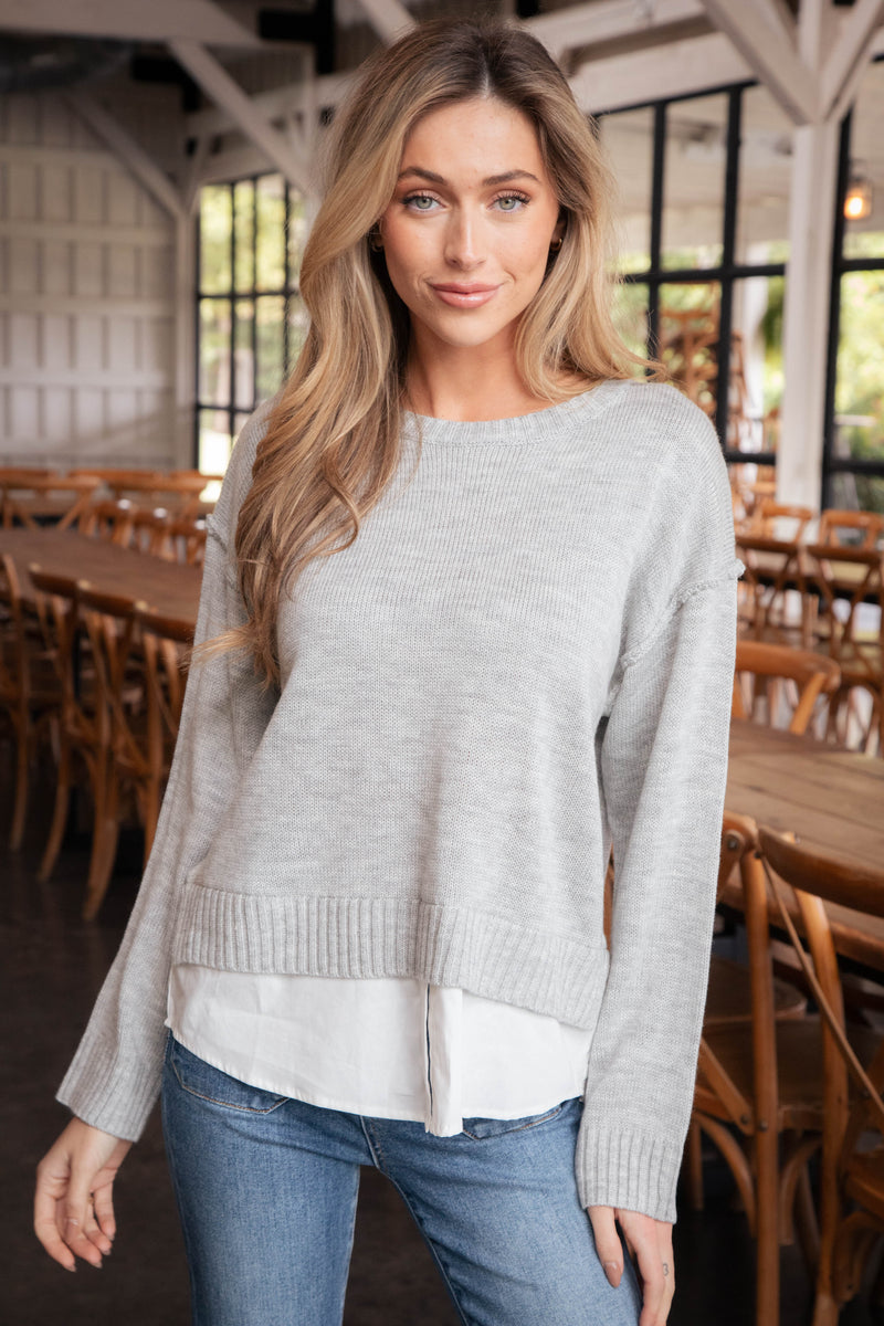 Leela Mixed Media Sweater Top, Heather Grey