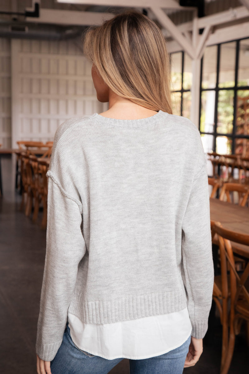 Leela Mixed Media Sweater Top, Heather Grey