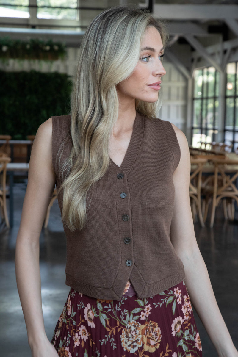 Stevie Button Down Sweater Vest, Brown