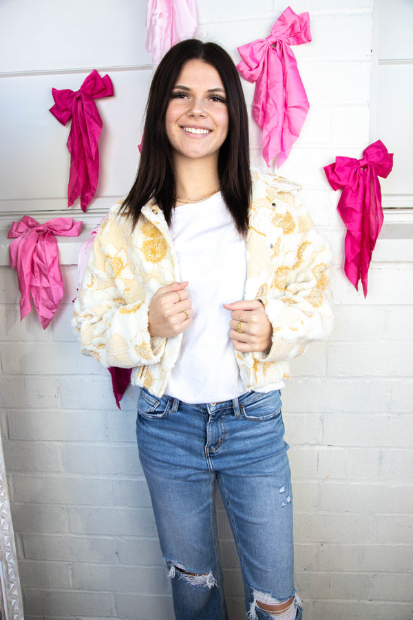 Abigale Sherpa Floral Jacket, Cream/Mustard