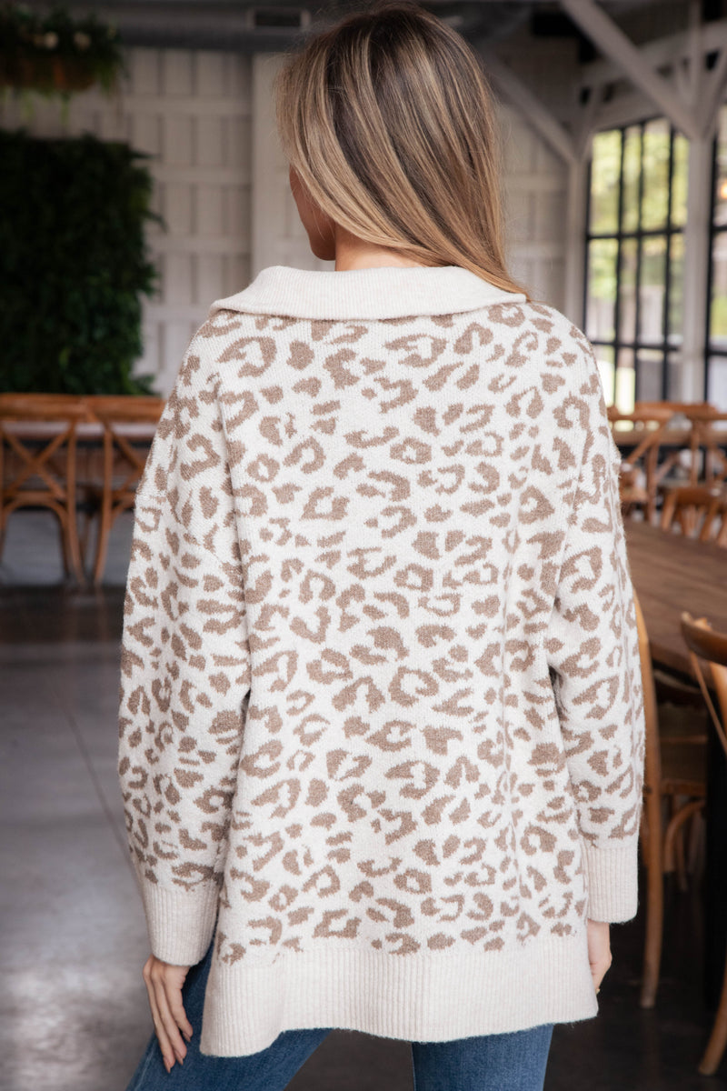 Ania Half Zip Leopard Sweater, Oatmeal