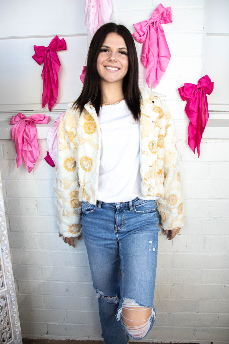 Abigale Sherpa Floral Jacket, Cream/Mustard