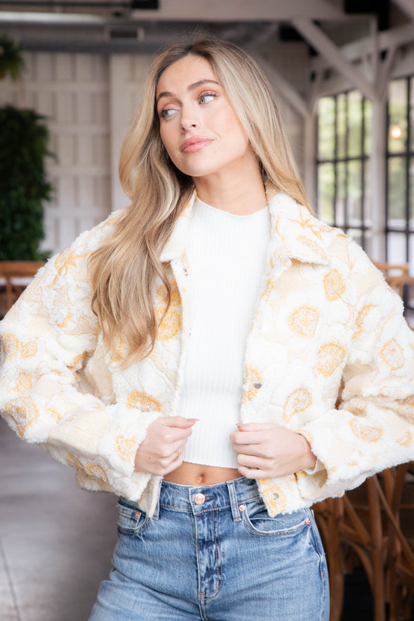 Abigale Sherpa Floral Jacket, Cream/Mustard