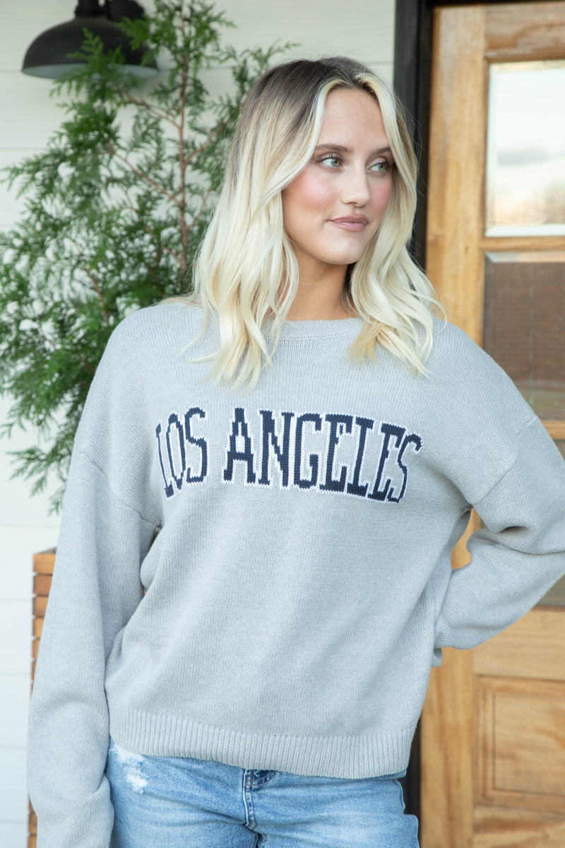 Los Angeles Knit Crew Neck Sweater, Heather Grey