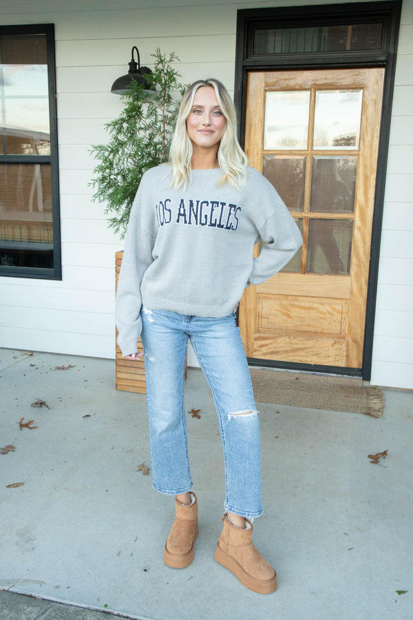 Los Angeles Knit Crew Neck Sweater, Heather Grey