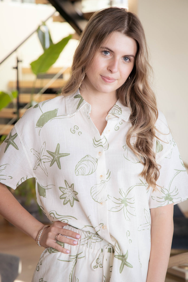 Nola Sea Print Button Down Shirt, Olive