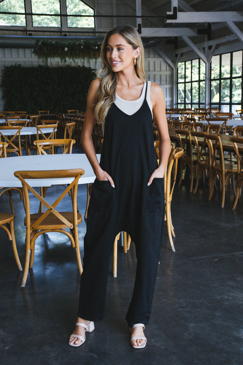 Annalise V-Neck Baggy Jumpsuit, Black