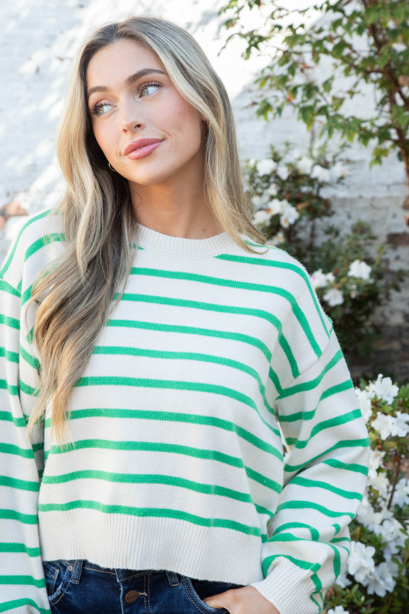 Laine Striped Balloon Sleeve Sweater, Green