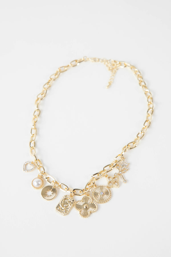 Jodie Multi Charm Chain Necklace, Gold