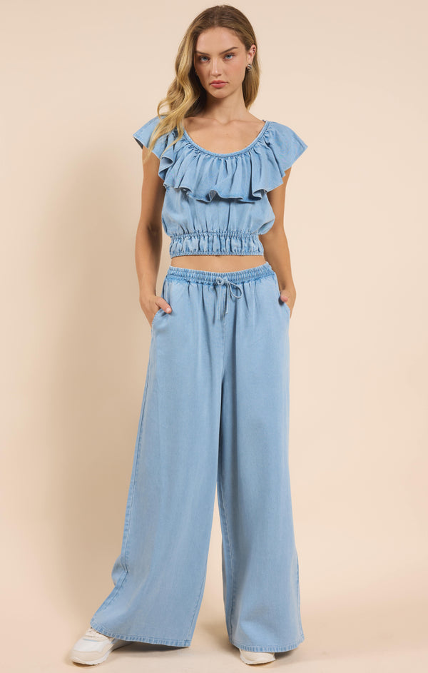 It's Pouring Wide Ruffle Neck Top, Light Chambray | Sadie & Sage