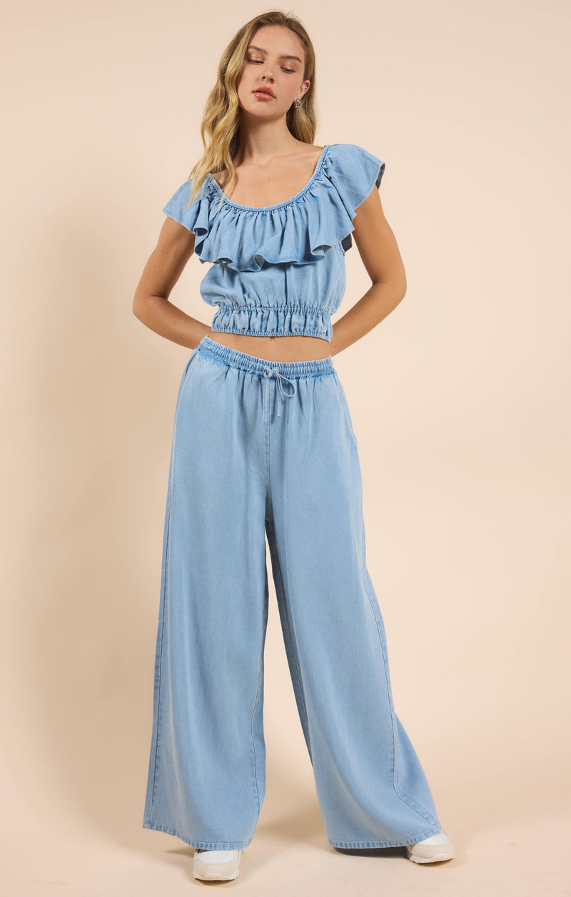 It's Pouring Wide Ruffle Neck Top, Light Chambray | Sadie & Sage