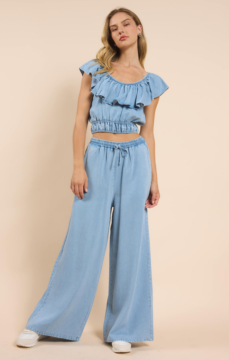 It's Pouring Wide Ruffle Neck Top, Light Chambray | Sadie & Sage