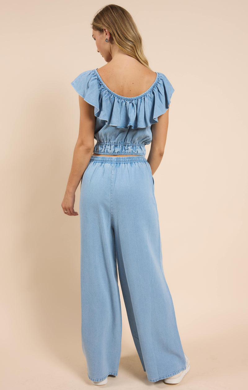 It's Pouring Wide Ruffle Neck Top, Light Chambray | Sadie & Sage