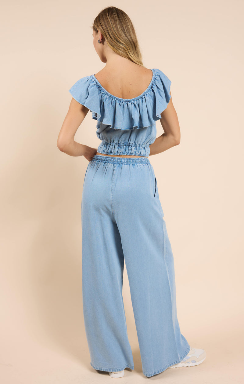 It's Pouring Wide Ruffle Neck Top, Light Chambray | Sadie & Sage