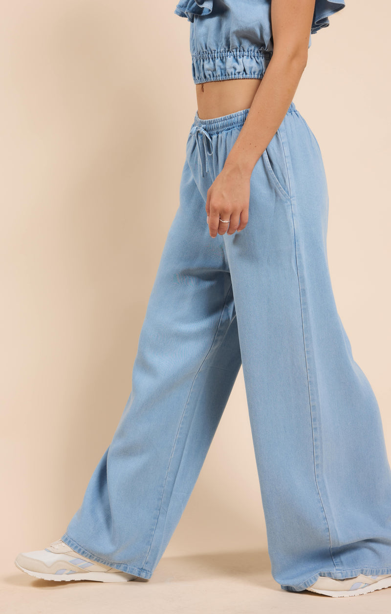 It's Pouring Elastic Drawstring Pants, Light Chambray | Sadie & Sage