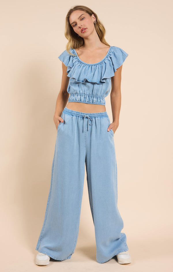 It's Pouring Wide Ruffle Neck Top, Light Chambray | Sadie & Sage