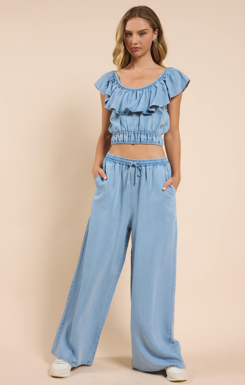 It's Pouring Wide Ruffle Neck Top, Light Chambray | Sadie & Sage