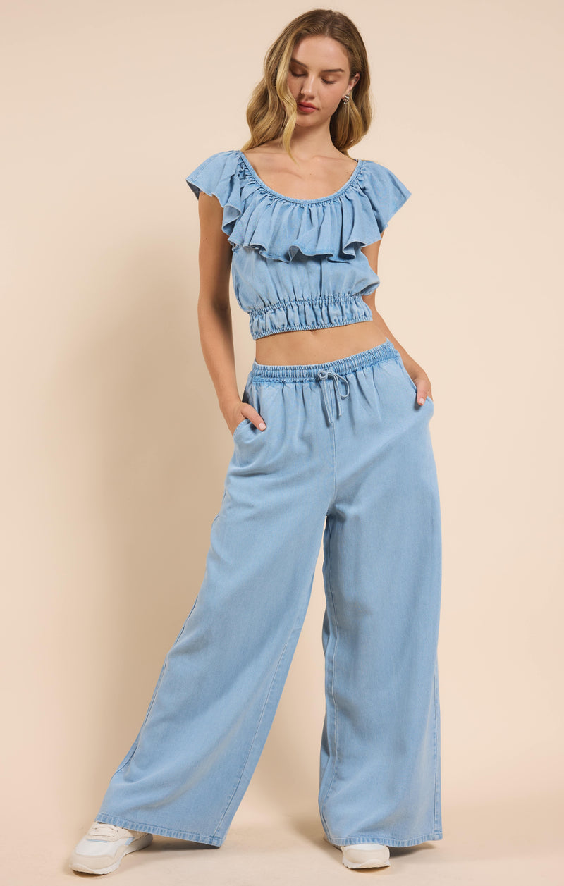 It's Pouring Wide Ruffle Neck Top, Light Chambray | Sadie & Sage