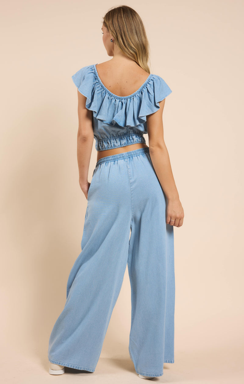 It's Pouring Elastic Drawstring Pants, Light Chambray | Sadie & Sage